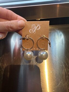 Pearl Drop Hoop Earrings - Silver Tone